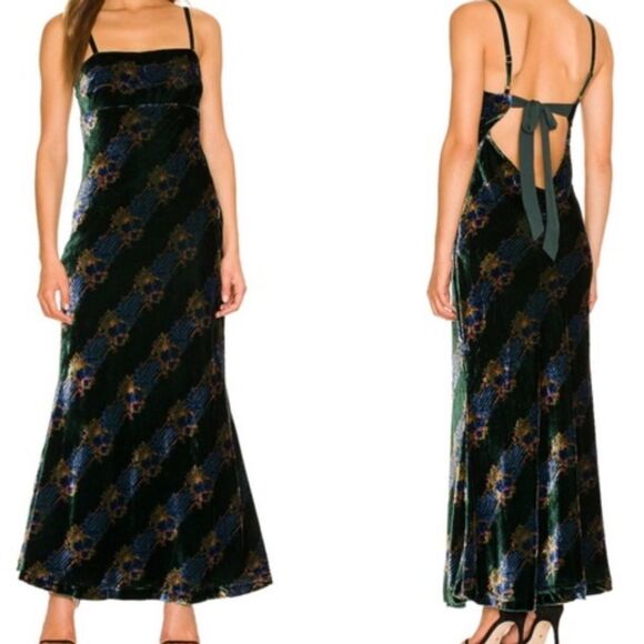 Free People x REVOLVE Juliet Velvet Printed Maxi Dress Emerald Combo Small NEW - Picture 1 of 8